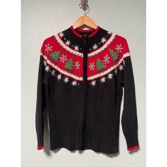 Vintage Tiara International Women’s Red and Black Christmas Sweater - Picture 1 of 8